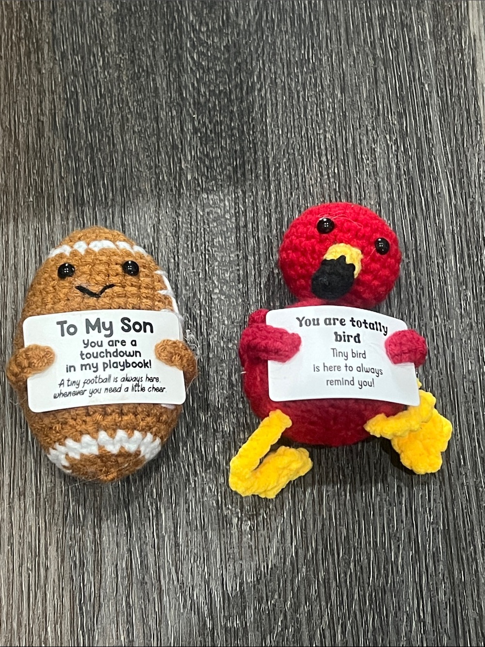 (3) Handmade Crochet Football & Bird Plush Duo - Brown, Red, Yellow